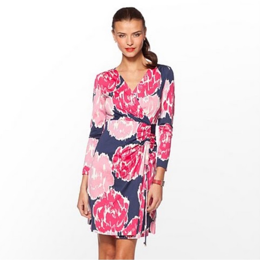 Lilly Pulitzer Augusta Dress in Bright Navy Bravissimo XS Silk Blend Faux Wrap